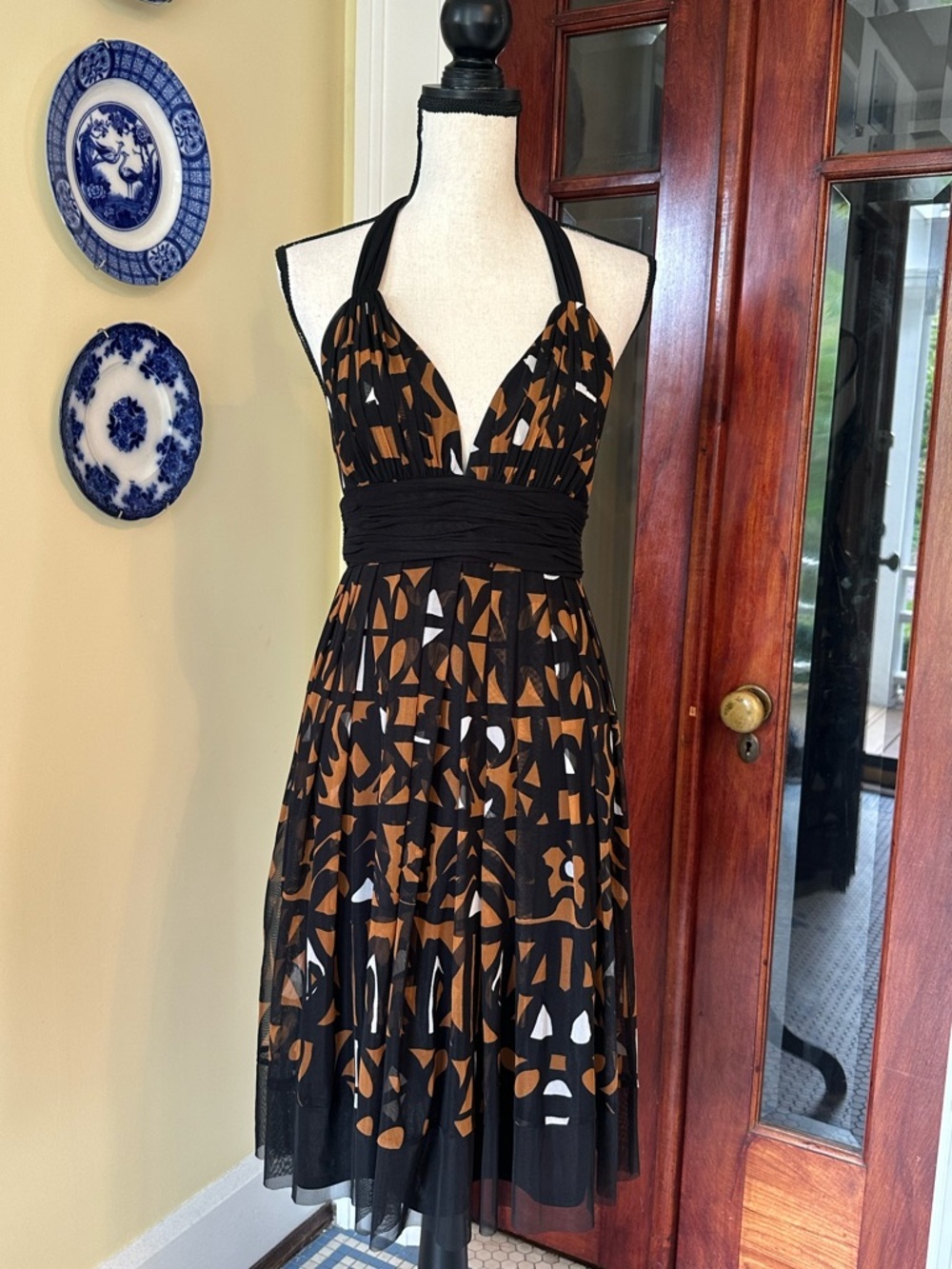 London Times | Y2K Abstract Geometric Halter Midi Dress - Brown & Black, Size 6